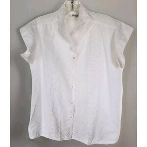 Vtg Rhoda Lee White Eyelet Blouse Ruffle Cap Sleeve Embroidery Button Up Size 8